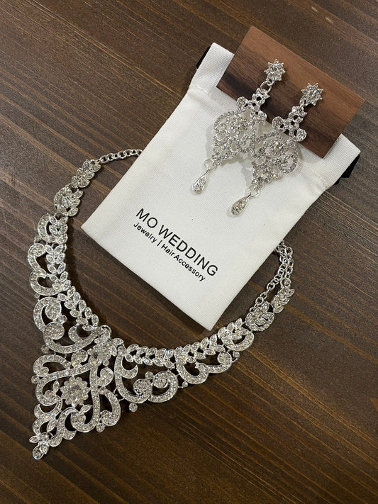 Bride Silver Crystal Rhinestones Chandelier Dangle Necklace and Earrings Set