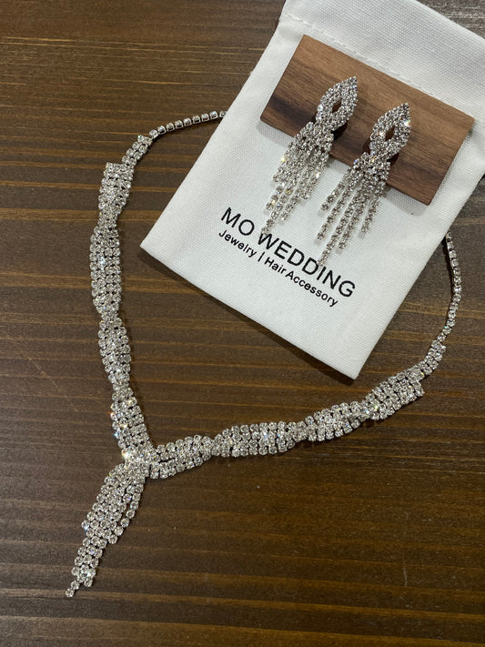 Dainty Bridal Cubic Zirconia Crystal Diamond Decor Drop Tassel Necklace and Earrings Set