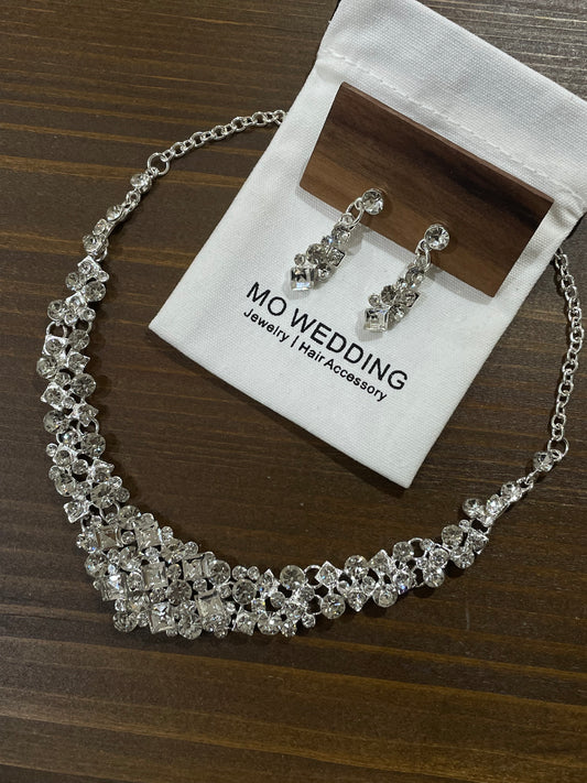 Silver  Bridal Crystal Cluster Statement Necklace and Earrings Set