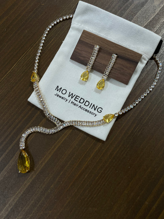 Yellow Cubic Zirconia Stone Round Necklace and Earrings Set