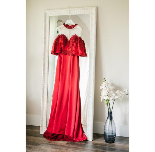 Red Net Embellished Round Ruffle Gown For Women