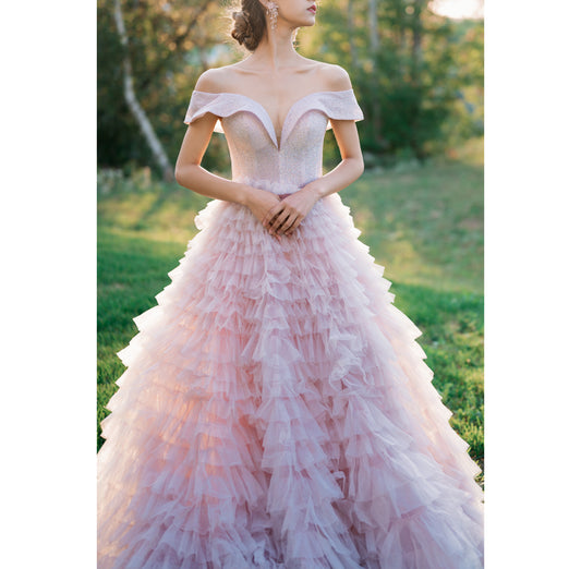 Pink Sweetheart Off Shoulder Tulle Long Prom Dress Pink Evening Dress