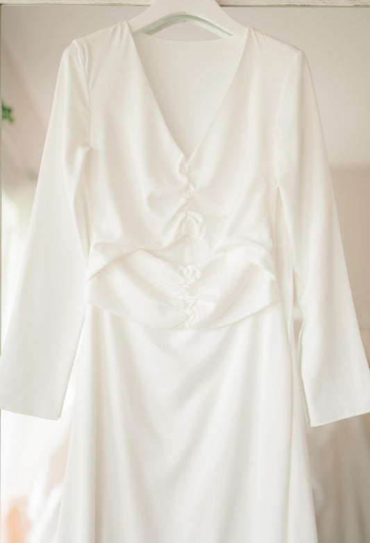 Long sleeve Wedding dress Minimalist Bridal gown Puff sleeve V neck Wrap dress with slit