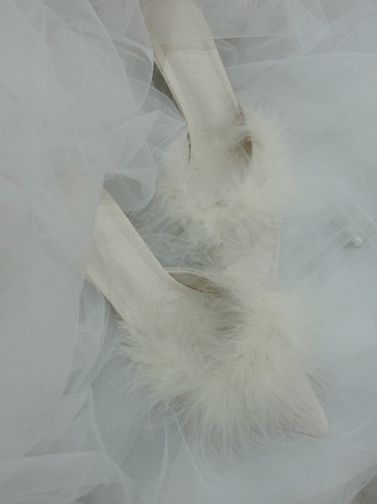 White Beige Fur Women Slipper High Heels Wedding Shoes