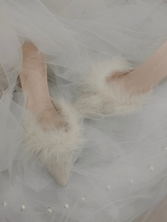 White  Fur Women Slipper High Heels Wedding Shoes